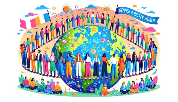 An illustration of diverse individuals standing together around a globe emphasizing unity empowerment and the importance of gender equality for a better world AI Generative