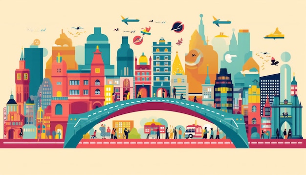 Иллюстрация различных достопримечательностей из разных стран, соединенных мостами