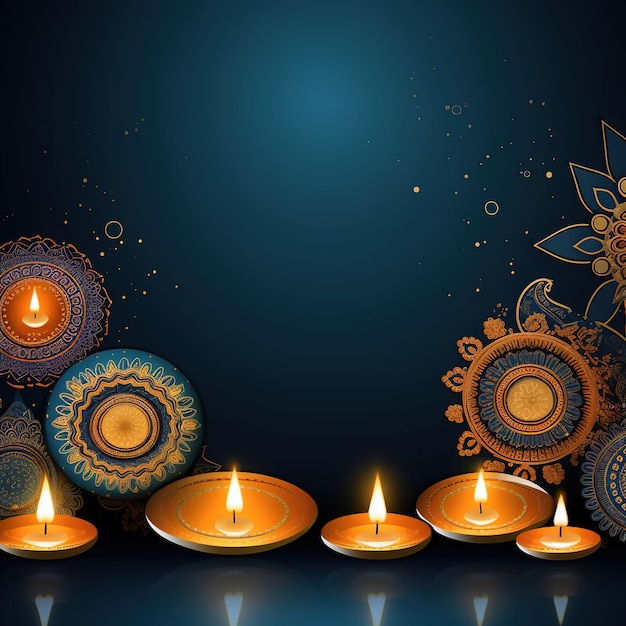 하단에 rangoli가 있는 Diwali 축제 Diya Lamp의 그림 Ai Generated