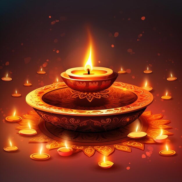 Illustration of Diwali festival Diya Lamp with rangoli at the bottom Ai Generated