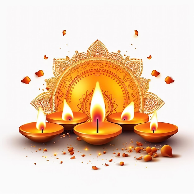 하단에 rangoli가 있는 Diwali 축제 Diya Lamp의 그림 Ai Generated