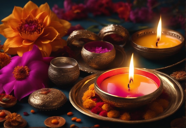 Illustration of Diwali festival Diya Lamp with rangoli