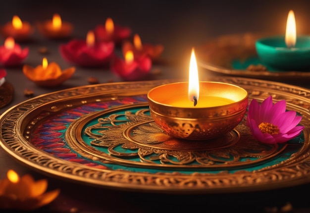 Illustration of Diwali festival Diya Lamp with rangoli