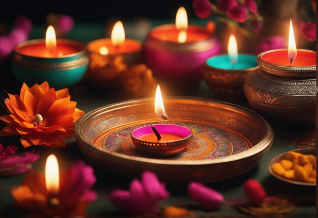 Illustration of Diwali festival Diya Lamp with rangoli