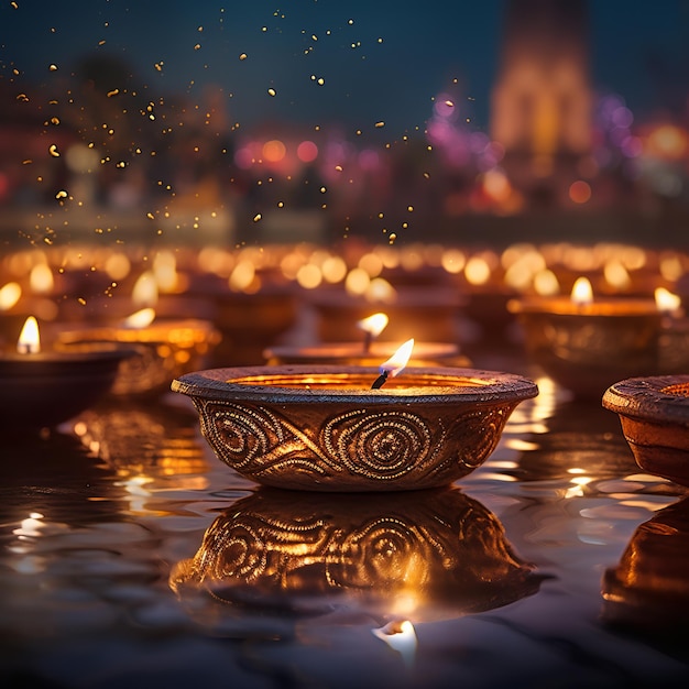 illustration of diwali festival of lights oil diya lamps in ganges