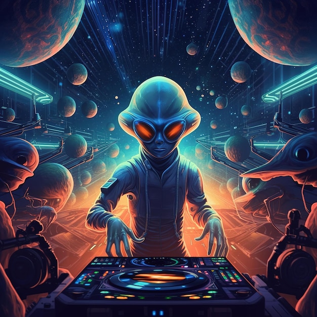 An illustration of a dj alien