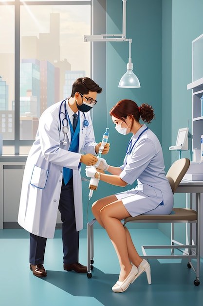 Illustration of doctor injecting vaccine to a patient in clinic