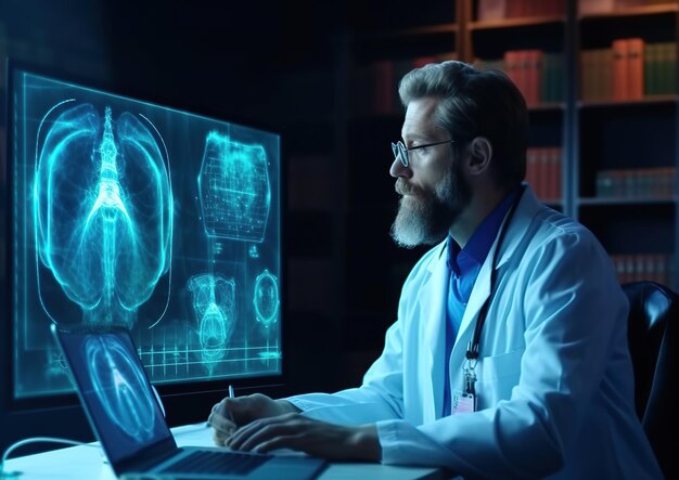 Illustration of doctor looking at hologram of lungs Medicine concept Generative AI