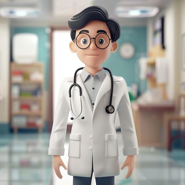 illustration of doctor wearing uniform with blurry background hospital