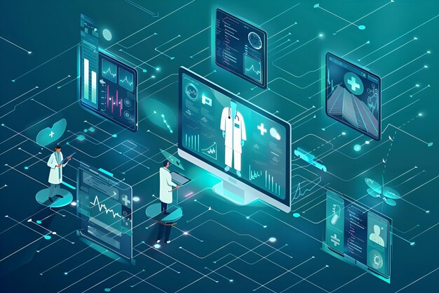 Photo illustration of doctors and computer on blue background telemedicine consultation showcase remote