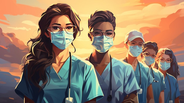Иллюстрация персонажей врачей и медсестер в масках