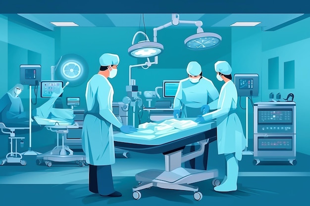 Illustration of doctors surgeons performing preparation for surgery in a modern operating room The team prepares instruments and equipment for the operation