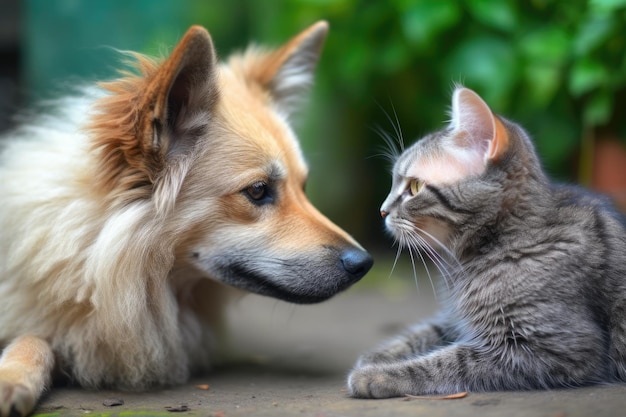 Иллюстрация собаки и кошки, с любопытством смотрящих друг на друга Генеративный ИИ
