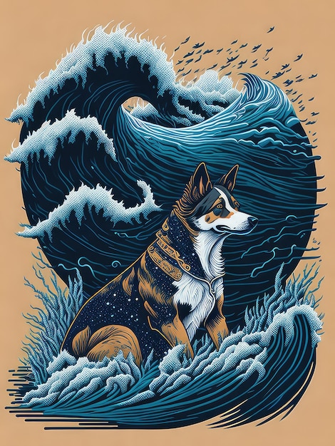 Illustration of a dog riding a wave in the ocean created with Generative AI technology