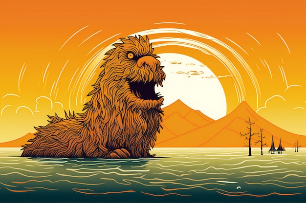 Illustration of a dog sitting on the lake in the mountains