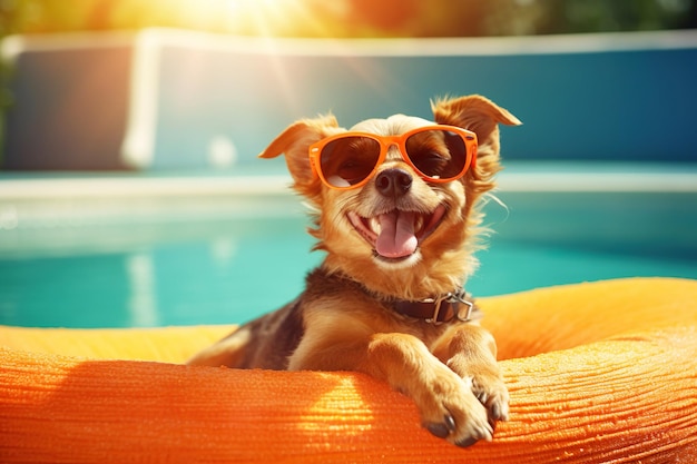 Illustration of dog on vacation at swimming pool