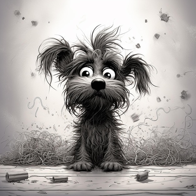 an illustration of a dog with messy hair