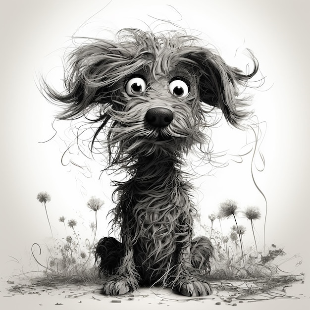 an illustration of a dog with messy hair