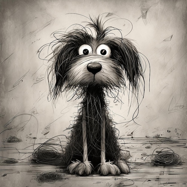 an illustration of a dog with messy hair