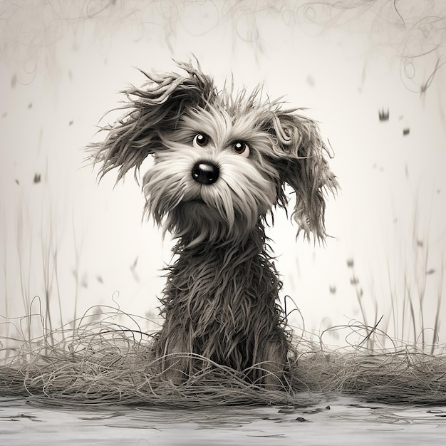 an illustration of a dog with messy hair