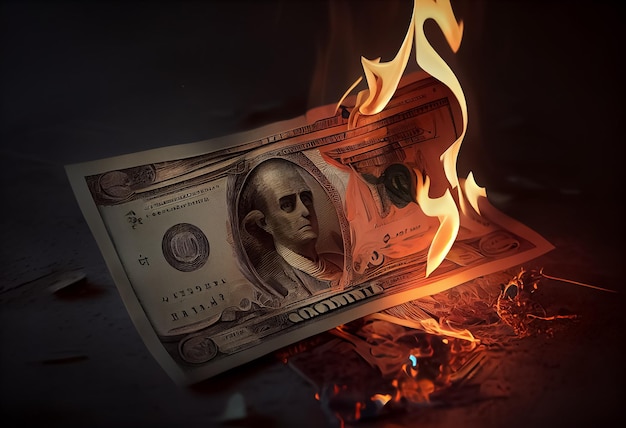 Иллюстрация доллара в огне на темном фоне концепция банкротства ai
