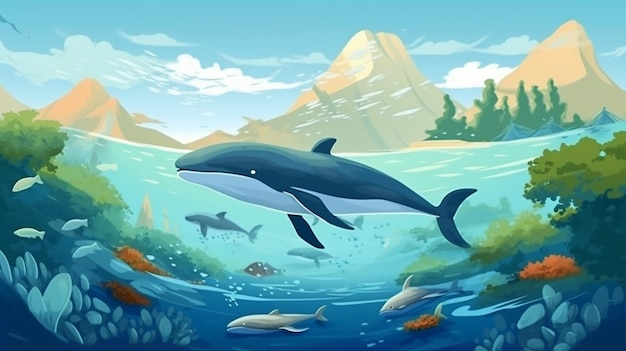 Illustration of a dolphin swimming in the ocean surrounded by fish generative ai