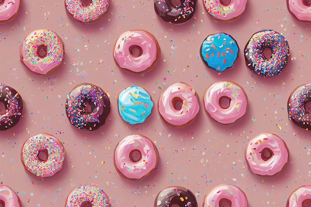 그림, 색상과 맛있는 맛이 줄지어 있는 도넛. 과자와 사탕, 화려하고 맛있는 디저트 창의 배경