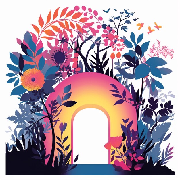 Photo illustration of a doorway in a garden with flowers and birds generative ai