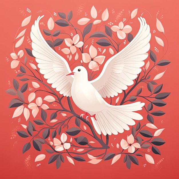 illustration of dove in white with branch in the style of dark pink and light orange