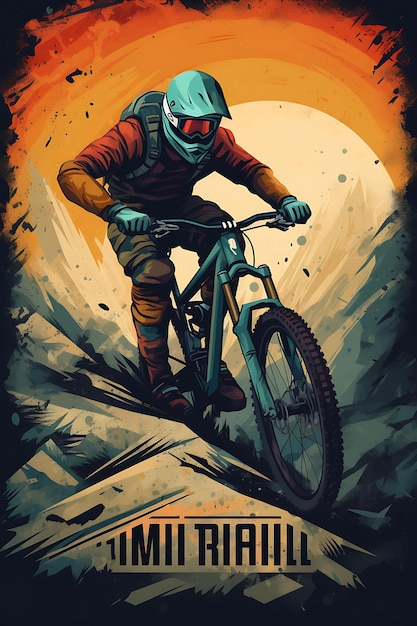 Photo illustration downhill mountain biking thrill and adrenaline earthy color flat 2d sport art poster