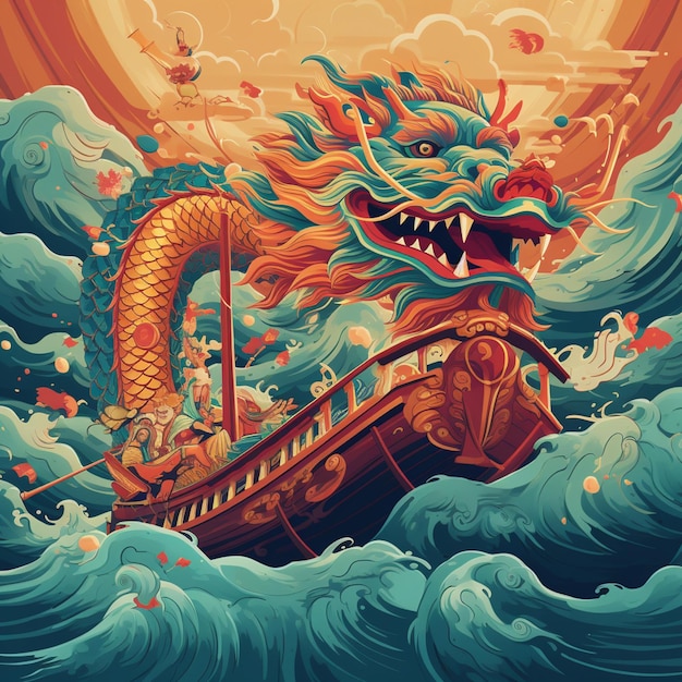 Иллюстрация лодки-дракона в бурном море с волнами, генерирующими искусственный интеллект