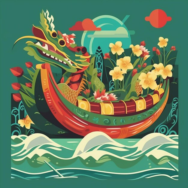 Photo illustration of a dragon boat with flowers and a dragon head generative ai