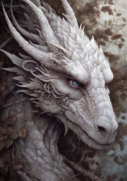 Illustration of a Dragon in a fictional scenery for frame White tones concept art