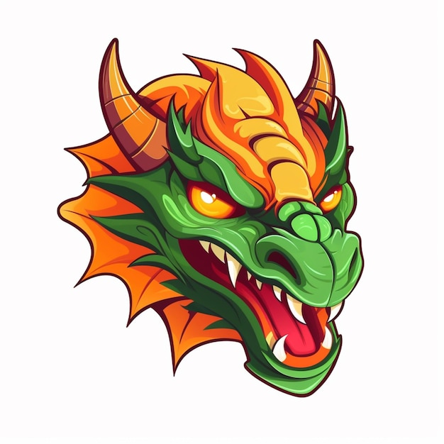 Illustration of a dragon head with orange and green colors generative ai