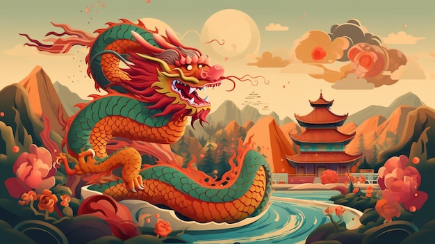 Illustration of a dragon in a landscape with a river and mountains generative ai