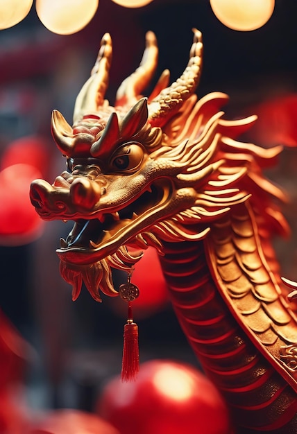 Illustration of a Dragon Statue With a Red Lantern in the Middle of the Chinese New Year Parade