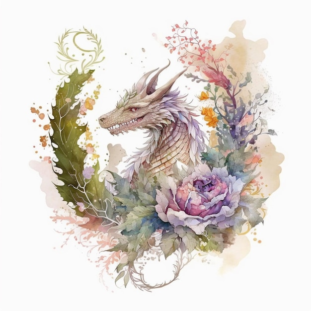 背景に花と葉を持つドラゴンのイラスト 生成 ai