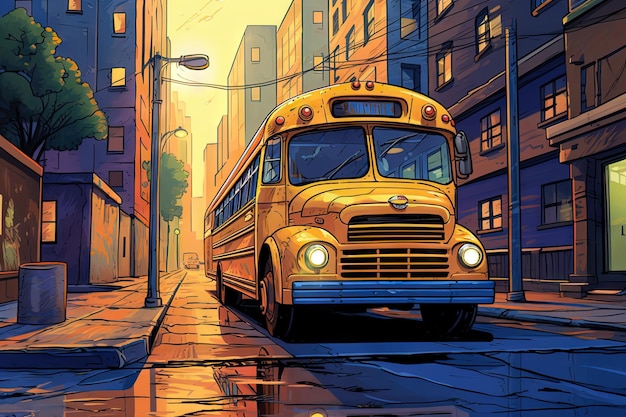 イラストは街の通りに黄色のスクールバスを描きます学生輸送