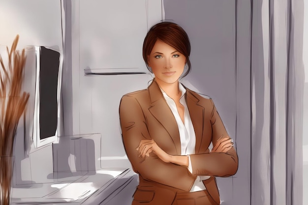 Иллюстрационный рисунок азиатской женщины средних лет в офисе генеративного искусства от AI