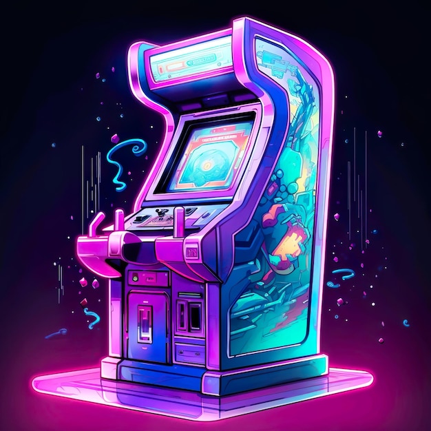 An illustration drawing colorful arcade game with a blue and purple background