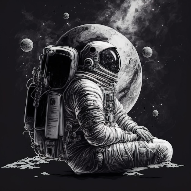 illustration drawing of cute astronaut in space generative ai