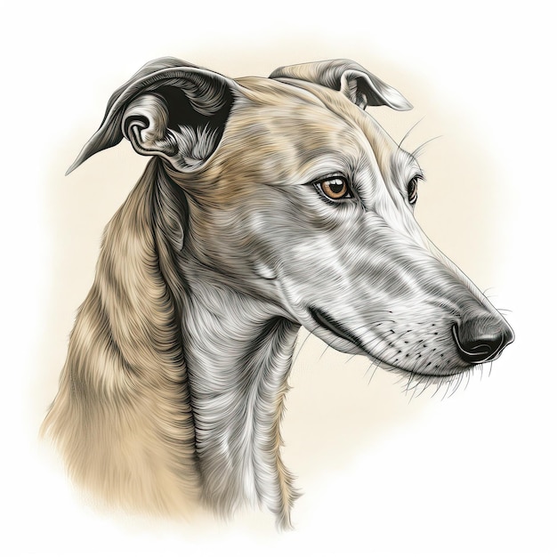 Illustration of a drawing of a greyhound in light gray and beige tones handpainted details Generative AI