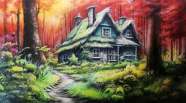 Illustration drawing of house in the forest with red leaves on it