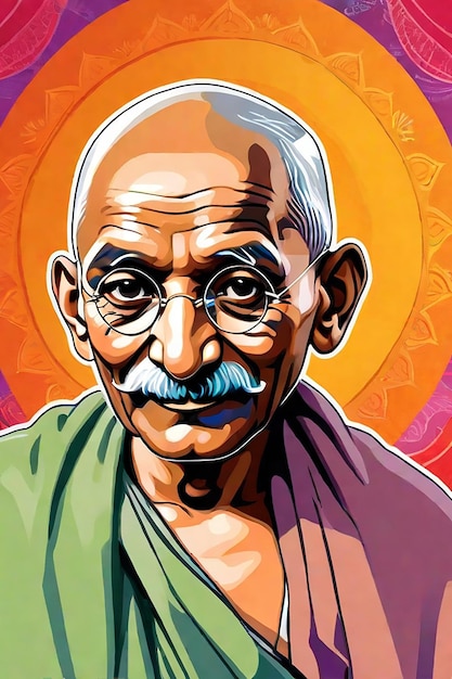 Illustration of a drawing of mahatma gandhi with colored background generated by ai