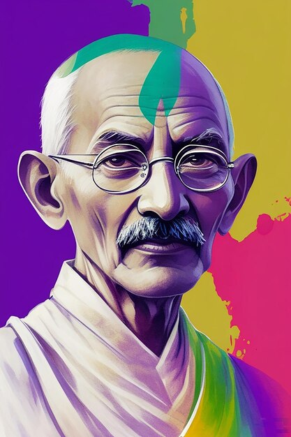 Illustration of a drawing of mahatma gandhi with colored background generated by ai