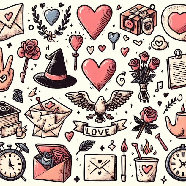 Photo illustration drawing style of love icons collection