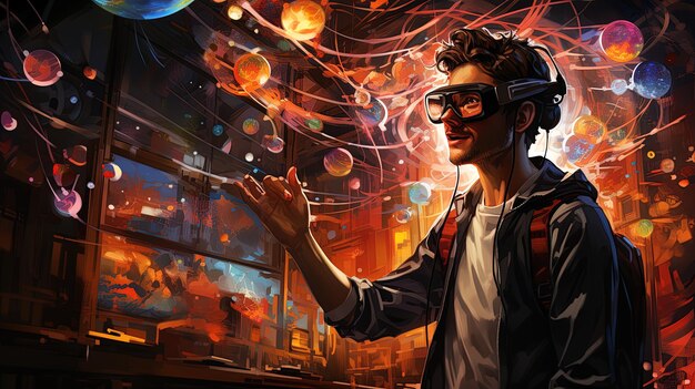 Illustration or drawing of Young man working with virtual reality glasses in his lab Generative AI