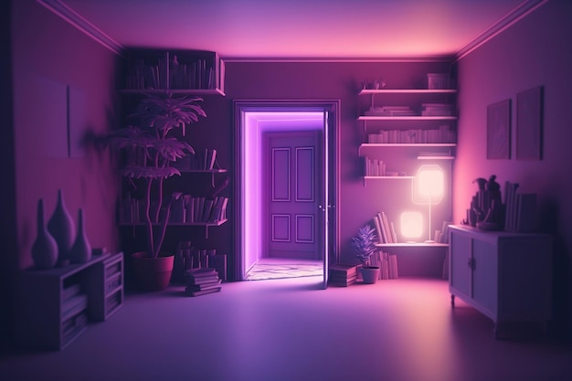 Illustration of a Dreamy Purple Bedroom Interior with Neon Purple Lighting Generative Ai