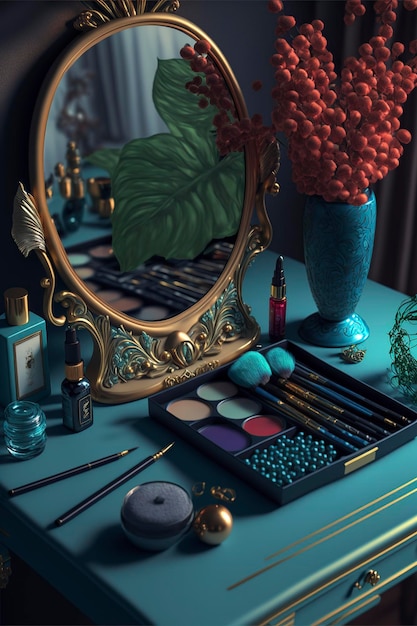 Illustration dressing table with numerous makeupimage generated by ai