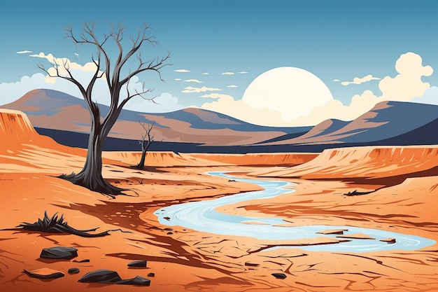 Иллюстрация высохшей реки посреди пустыни Сгенерировано AI